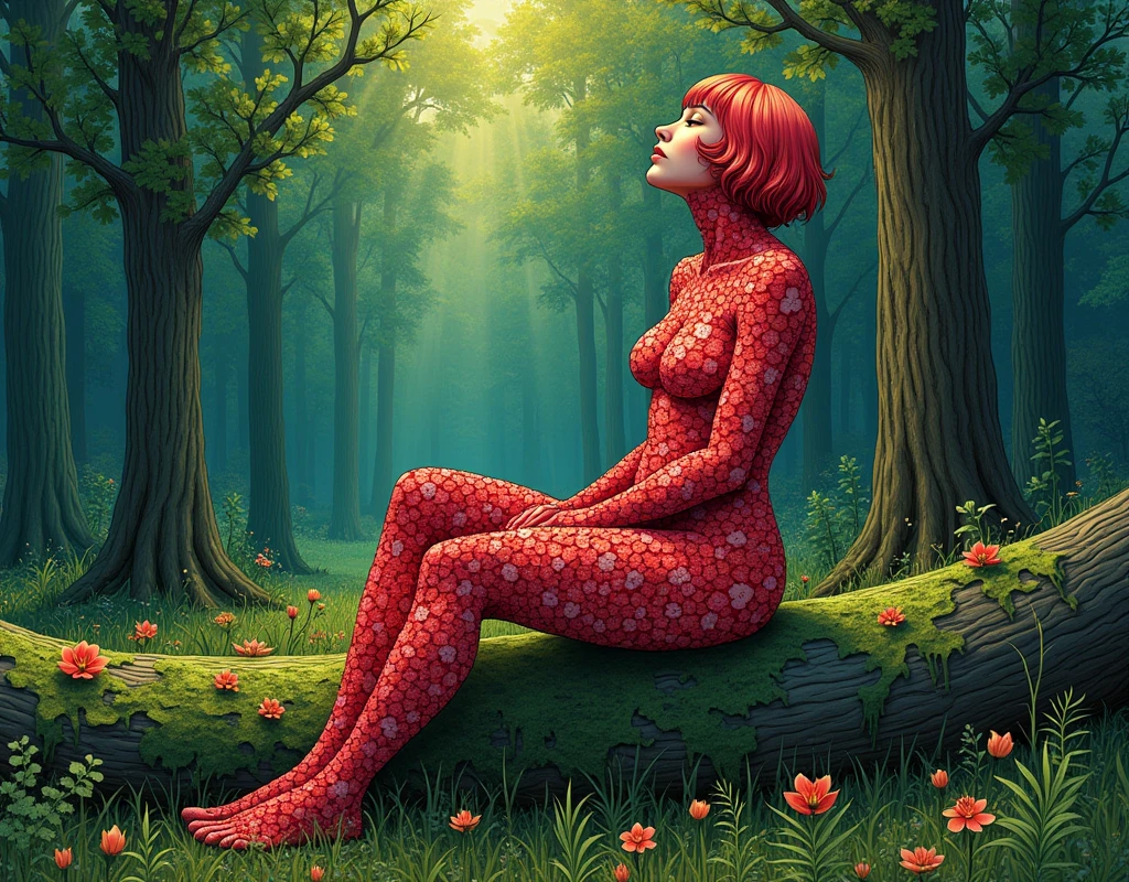 (work of art, best qualityer, high resolution:1.4), detailded, details Intricate, 4K, color splashing, line art). 1womanl. Her skin is made of red flowers all over her body. She is sitting on a log covered in deep green slime.. The scene is a forest with spaced trees, that shines beams of sunlight on her skin and the grass on the ground. She looks up at the sky with half-closed eyes., as if you were feeling the sun&#39;s rays touching your skin. your hair is the color of your skin, your skin is pink.   floral frame, decorative panels, artistic by Vincent Van Gogh, Van Gogh
