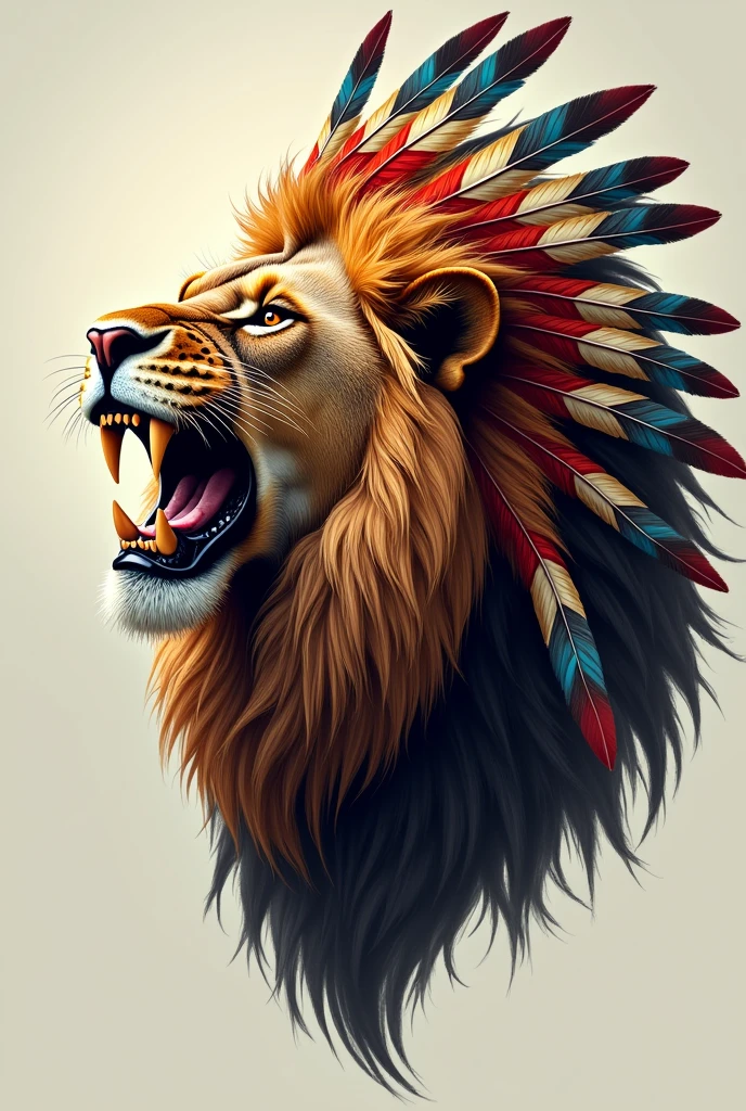 Right profile of a roaring Lion Head with a large headdress of indigenous colored feathers