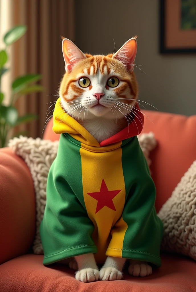 Un jolie chat avec un drapeau Senegal comme vêtements dans un salon