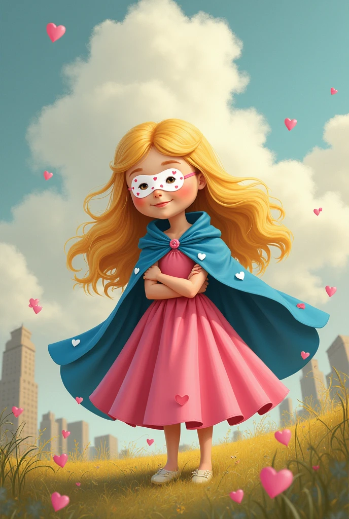 Create an image from a children&#39;s story where a blonde-haired girl can be seen in an urban field of gray clouds, pink dress, putting on his blue cape with white hearts and his white mask with pink hearts