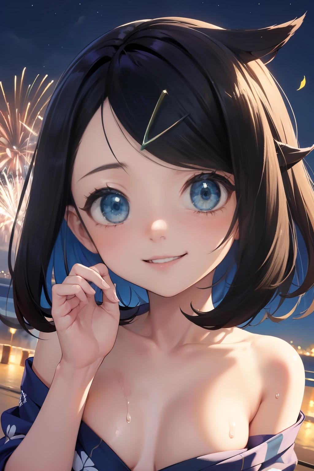 (((nsfw))), (masterpiece, Highest quality, 8K ultra-high resolution:1.4), 14yo, kawaii, Pokemon Riko, ((水色のFrillsのブラジャー)), (A colorful navy blue yukata, Frills, night: 1.4), (Summer festival), ((turn around)), Beautiful Eyes,Flash photography, Backlight,  ((Close-up of face:1.4)), (The best smile:1.4), (Show your palm to the camera), (Beckon), Written boundary depth, Dramatic portrayal, (Colorful fireworks background), Focus of the film, , Emotional composition, Emotional engine full throttle BREAK Young and cute, Slender body, Flat Chest, Highly detailed glossy skin,Sweat,  完璧なPokemon Riko
, Wind, detailed in the Wind, petals dancing in the Wind
BREAK
ultra detailed crystal eyes, Eyes like shining jewels