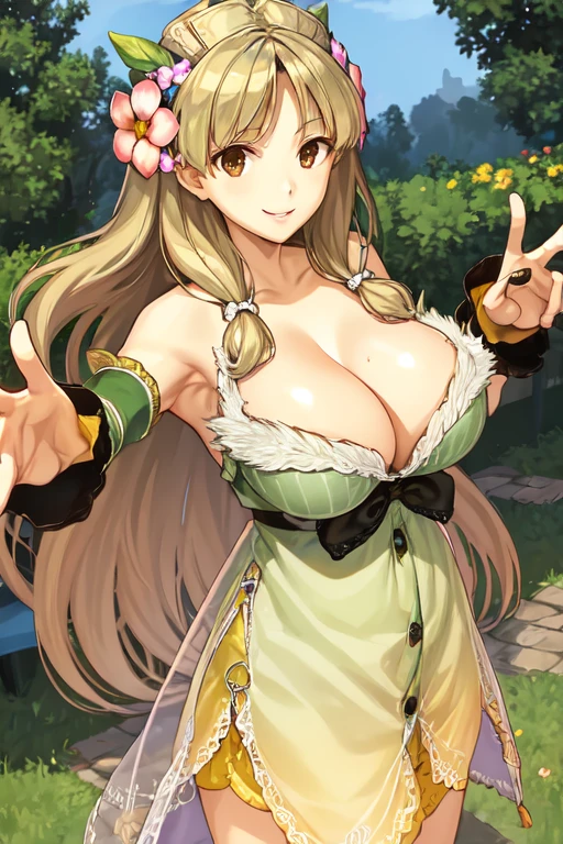 Please show me your armpits), (1 girl), (smile), (Huge breasts:1.2), (Chest close-up), (Long Hair), (Outstretched arms), (Looking at the audience), (from before), (Hair Flower), (garden), (Pasture),(((large breasts))),((cleavage))