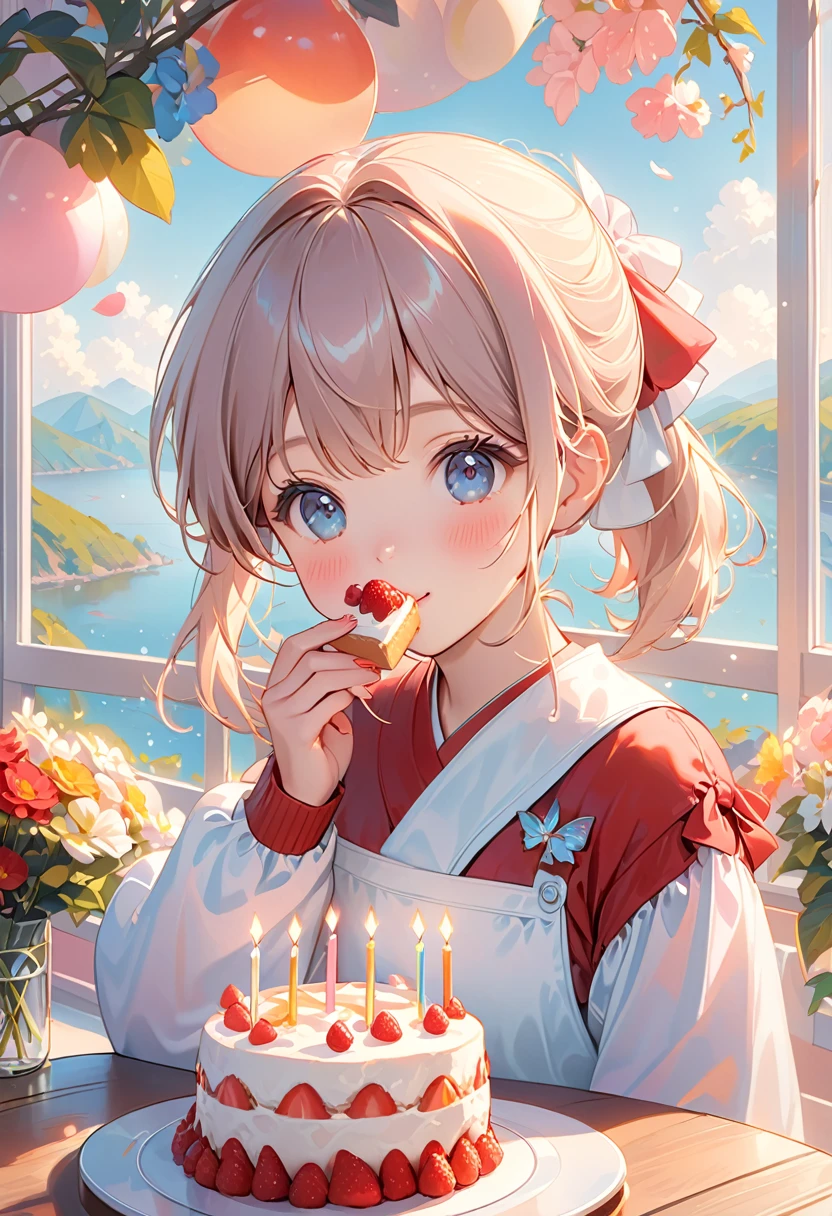 (Highest quality:1.2), Beautiful lo-fi minimalist vibe, Cute there is a picture of a girl eating a cake on a table, cute detailed digital art, cute digital art, adorable digital painting, cute art style, kawaii realistic portrait, cute anime, soft anime illustration, eating cakes, realistic cute girl painting, cute detailed artwork, cute artwork, cake in hand, cute anime girl, amazing wallpaper, cute photographLight bokeh, Soft colors, Sparkling, Dynamic Side Angle, Natural soft lighting, 8k resolution, shape, pastel four colors,