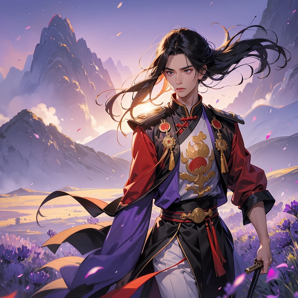 Handsome black-haired male general holding a large sword in red ancient Chinese general costume, walking In the middle of lavender fields , Surrounded by lavender fields, purple, with green mountains in the background, low clouds, the sun is about to set, close up.