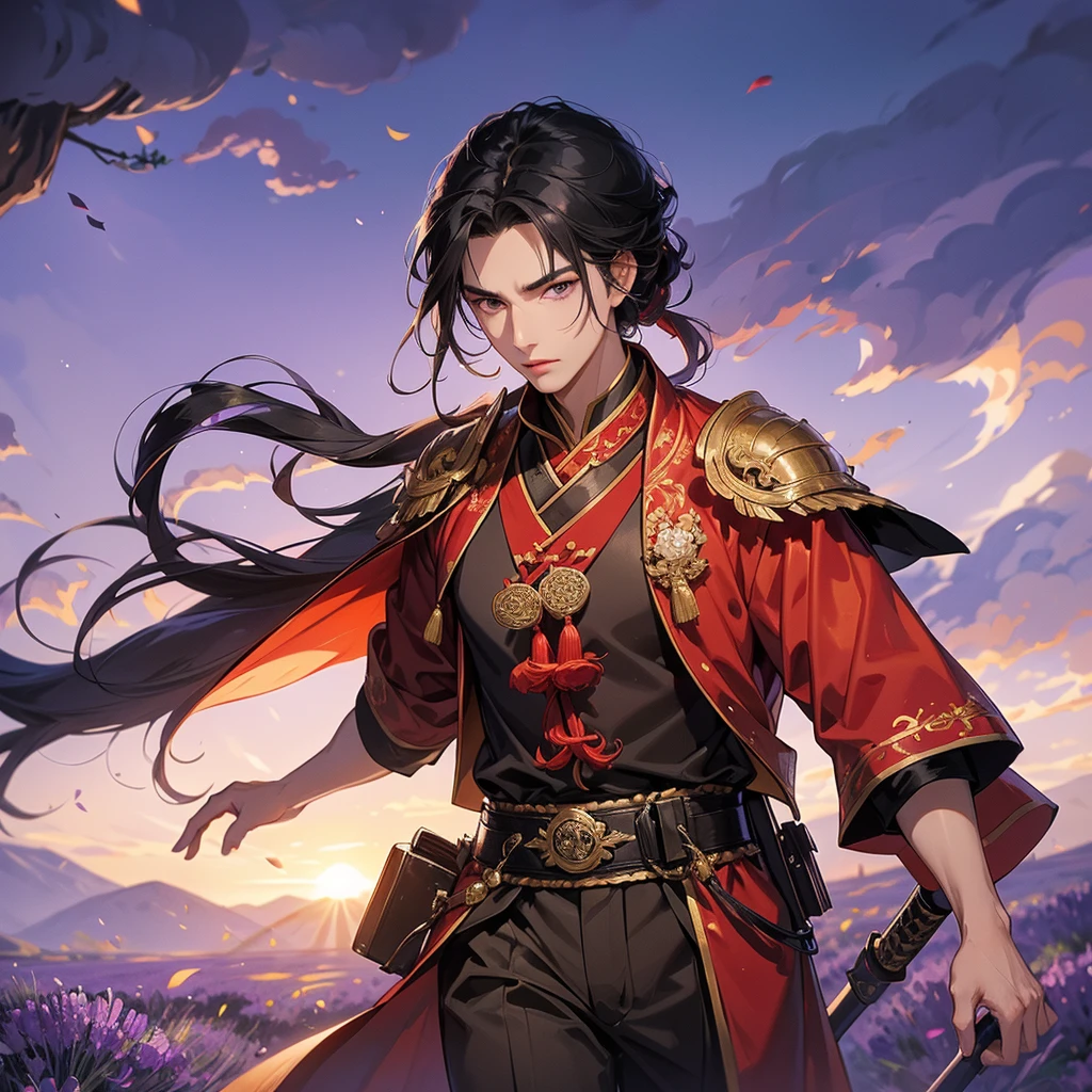 Handsome black-haired male general holding a large sword in red ancient Chinese general costume, walking In the middle of lavender fields , Surrounded by lavender fields, purple, with green mountains in the background, low clouds, the sun is about to set, close up.