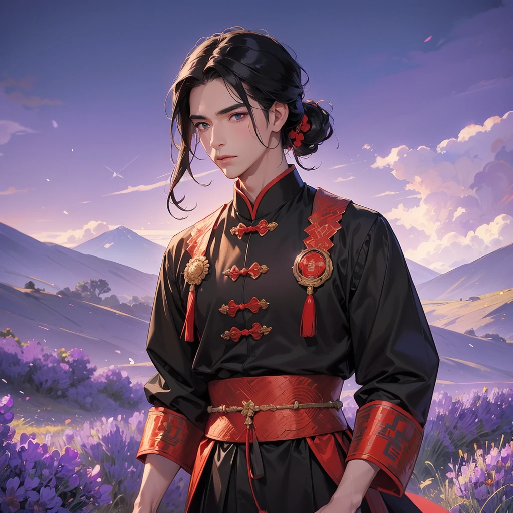 Handsome black-haired male general holding a large sword in red ancient Chinese general costume, walking In the middle of lavender fields , Surrounded by lavender fields, purple, with green mountains in the background, low clouds, the sun is about to set, close up.