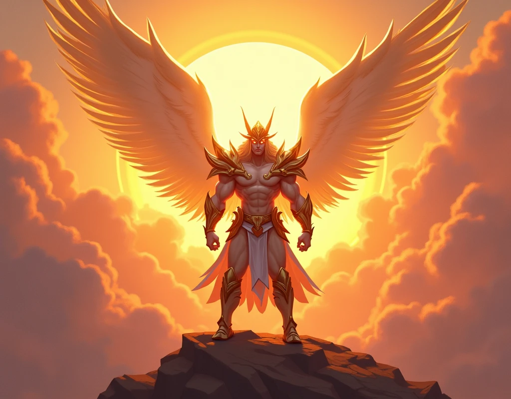 Celestial Champion's Dawn: Warm, heroic, painterly, golden light, sunrise aura, heroic figure
