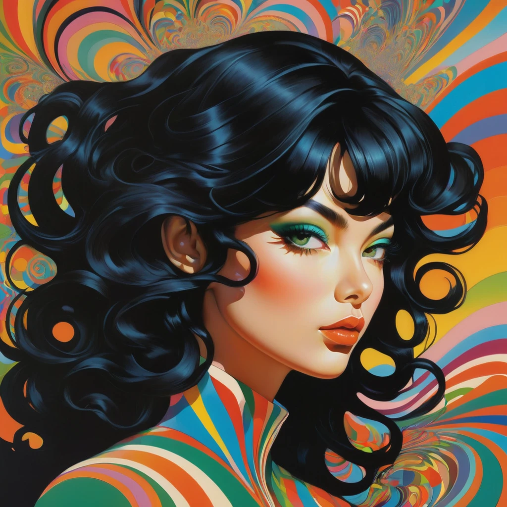 Environment map, abstract 1998 air hostess poster, portrait of thick shiny black wavy hair, dramatic makeup, intricate stunning highly detailed, abstract, kaleidoscopic, trippy, 60s style, op art, bright colors, swirling patterns, hypnotic, art by victor moscoso and bridget riley by sachin teng x supreme