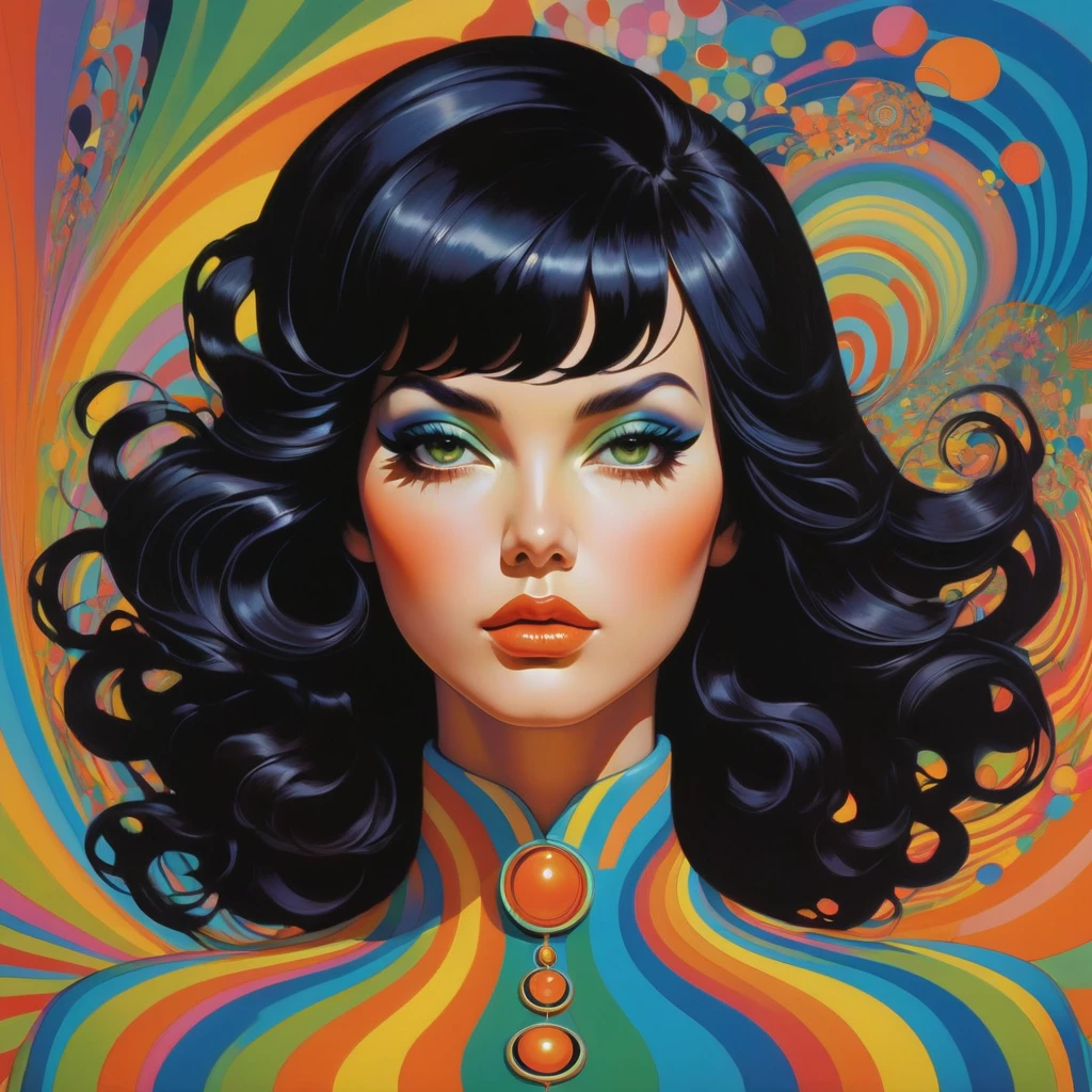 Environment map, abstract 1998 air hostess poster, portrait of thick shiny black wavy hair, dramatic makeup, intricate stunning highly detailed, abstract, kaleidoscopic, trippy, 60s style, op art, bright colors, swirling patterns, hypnotic, art by victor moscoso and bridget riley by sachin teng x supreme