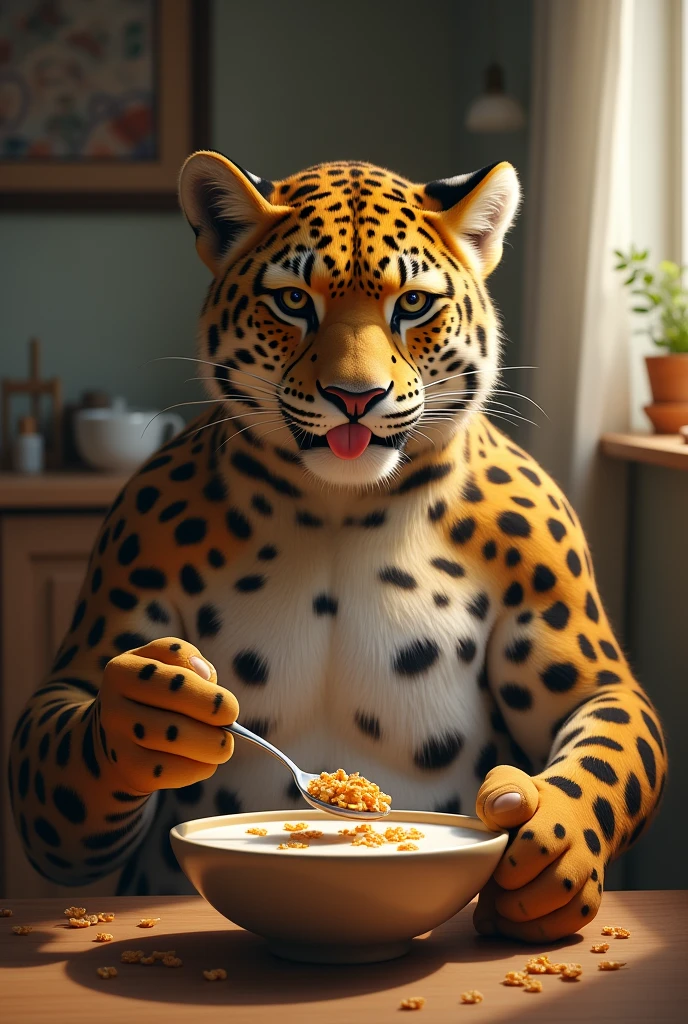 Meta-human leopard eating cereal with a spoon