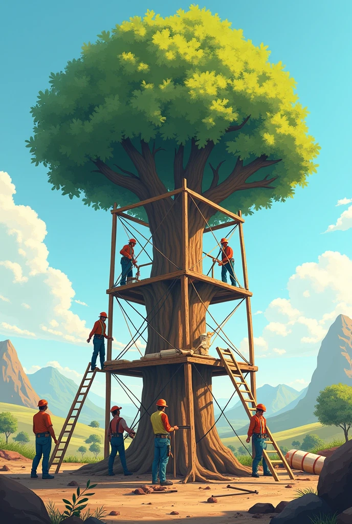 Workers helping and building a big tree that represents the construction of the future of the people