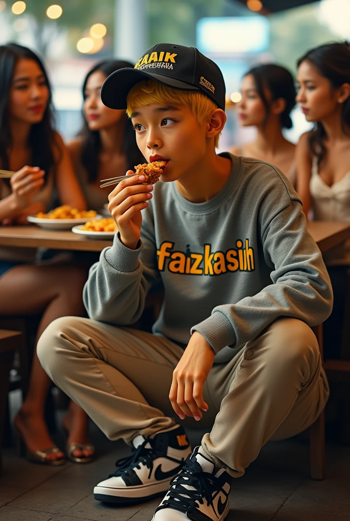 make me a hyper realistic photography HD 18K photo showing a handsome Indonesian man with yellow skin, short yellow hair wearing a Skecher hat, wearing a crewneck sweater that says "Faiz Kasih" in a complicated font style, beige chino pants, and black and white Nike shoes. The man is seen sitting while bathing Thai Bangkok chicken. in the background there are many beautiful and sexy women looking at the men around them.