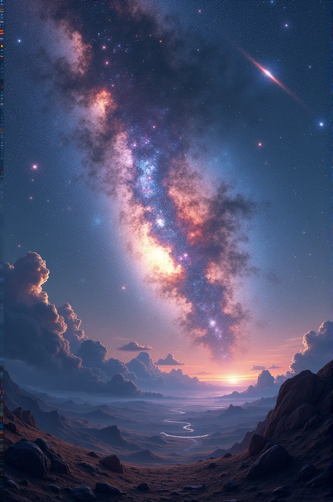 Create an image of deep space featuring a vast, star-filled sky with clusters of stars of various colors, nebulae with swirling clouds of gas and dust in shades of blue, purple, and pink, and a few distant galaxies with spiral shapes. Include a foreground with a few asteroids or rocky formations floating in space, and add a faint glow of distant quasars, giving a sense of immense depth and scale in the universe. The scene should feel mysterious, awe-inspiring, and infinite.