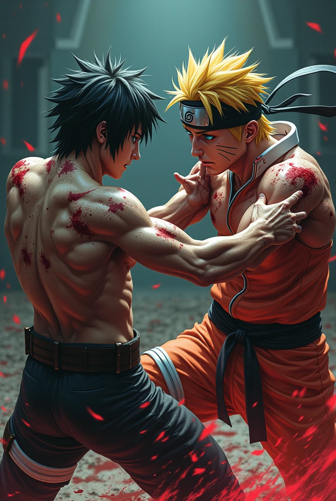 A captivating illustration of Naruto and Sasuke locked in a fierce battle within the dimly lit Fight Club arena. Their muscular bodies are coated in sweat, and blood streaks their taut skin, reflecting the intensity of their confrontation. Naruto's eyes glow with determination as he channels the power of the Nine-Tails, ready to unleash a devastating attack. Sasuke, equally relentless, activates his Sharingan, meticulously anticipating Naruto's every move. The atmosphere crackles with energy as the two shinobi clash, immersing the audience in the chaotic intensity of their duel. The Fight Club's gritty ambiance intensifies their struggle, drawing the audience further into the primal frenzy of their combat. This stunning poster-worthy image is a perfect blend of illustration, photo, cin, poster, photo, graffiti, cinematic, illustration, anime