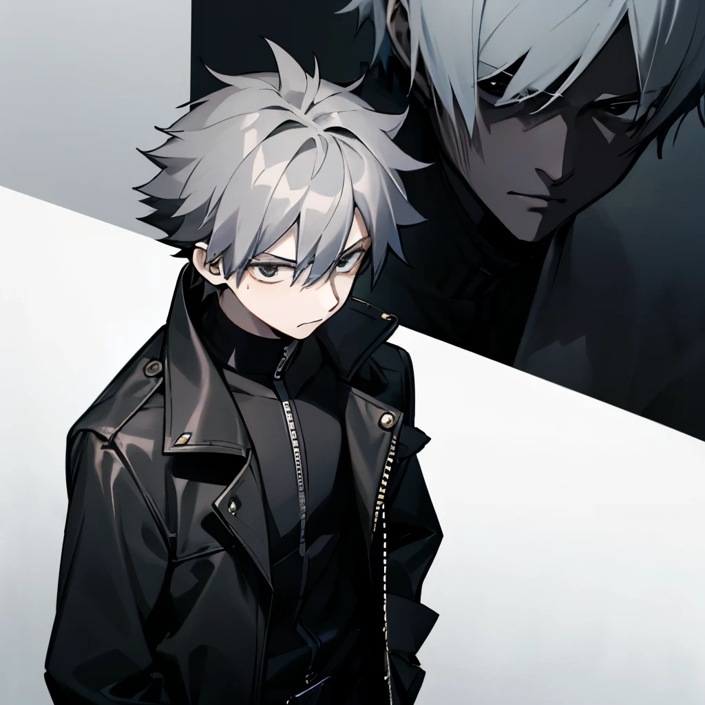 1 boy, 15 year old boy, grayish hair, dark black eyes, black long jacket, mad, short hair