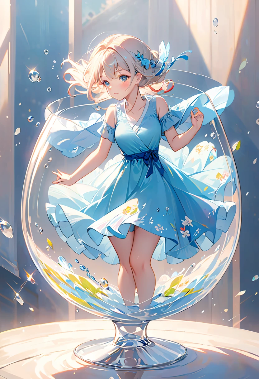 (Highest quality:1.2), there is a picture of a girl in a blue dress floating in a glass, trending on pixiv, pixiv trending, pixiv contest winner, pixiv style, trending on artstation pixiv, top rated on pixiv, splash art anime , pixiv, featured on pixiv, at pixiv, popular on pixivBeautiful lo-fi minimalist vibe, Cute, Light bokeh, Soft colors, Sparkling, Dynamic Side Angle, Natural soft lighting, 8k resolution, shape, pastel four colors,