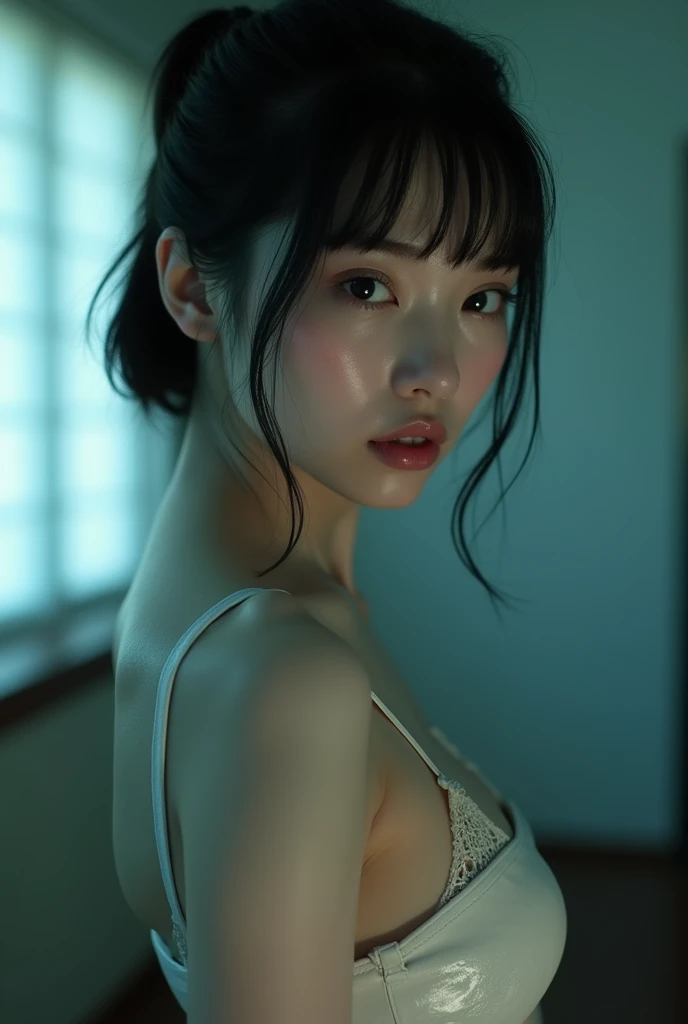 Realistic glowing skin, (sweating:1.8),Stand backwards,Look back at your face,Always look at the camera,(sweating:1.6),(I can see her beautiful little nipples:1.4),,(whole body:1.8),(Shiny, slimy, realistic white skin:1.9),White socks, black leather shoes,
,Cold look,Cold Stare,Black Hair,short hair,Tie your hair short,Silky translucent white skin,,(Very detailed美しい顔), Great face and eyes, (Highest quality:1.4), (Very detailedな), (Very detailed CG 統合 8k 壁紙), Very detailed, High resolution raw color photos, Professional photography, Realistic portrait,Sweat,(Small beautiful breasts:1.9),(B cup:1.8),(Flat Chest:1.8),
(少女のwhole bodyの詳細なRAW写真), Canon EOS R5 250mm, Sharp focus, Cinema Lighting, (No makeup:1.2), Fine skin, Delicate collarbone,,(Ultra-high resolution:1.6), (Realistic:1.6),,(Japanese high school:1.9),(:1.9),