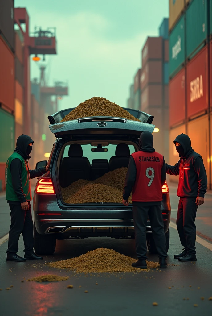 An animated image where a container full of hashish is being unloaded in a container port by several people and all of the people are wearing a Moroccan jersey and are fully masked and the hashish is being loaded into the trunk of a Mercedes SUV and at the top of the image the name "STARIOTZ" is written in large letters