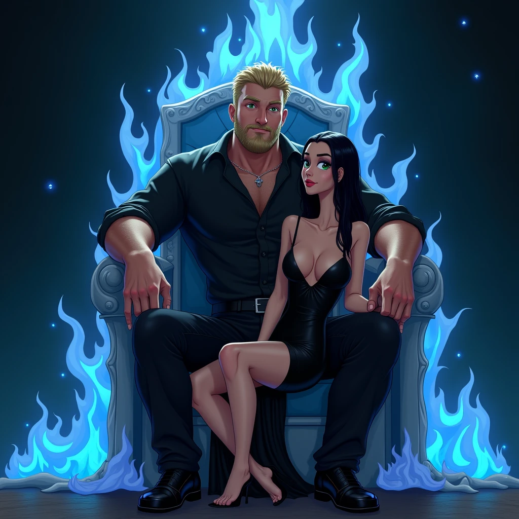 a burly 30-year-old man, green eyes, sitting nonchalantly on a throne of blue flaming bones, She has long blonde hair in a bun, with a little blonde beard, exudes power and dominance, It is very attractive, is in a dark and gloomy place, He has a black elegant shirt and black pants. ((A woman sitting on her legs)) The young and beautiful woman (19 years) is intense blue eyes, long, straight, jet-black hair, she is very beautiful, hips a little wide, medium breasts, slim. She is wearing a tight and beautiful elegant black dress, which has a V-neckline and a leg slit. It's like a metaphor for Hades and Persephone. animated art...