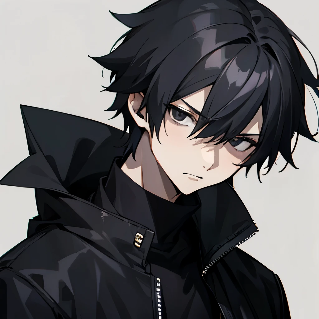 1 boy,  boy, grayish hair, dark black eyes, black long jacket, mad, short hair