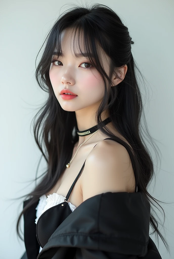 I wan kpop girl idol with pale skin and fashonebl balack and white long hair..little bit fat...but none korean and brown skin