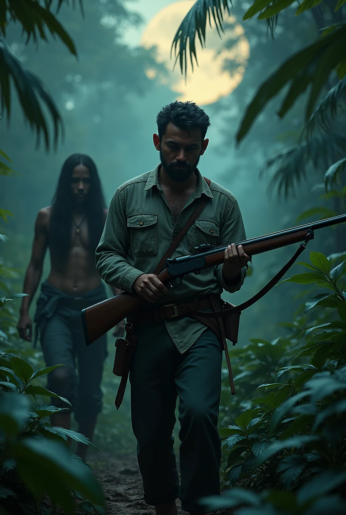 Photorealism 1.2 high definitions  face detailing two Malay male at forest Asian jungle hunting one of them holding hunting gun rifle   moonlight effect dusk fog hunting in action dark background night   women following them at back with long hair face not clear