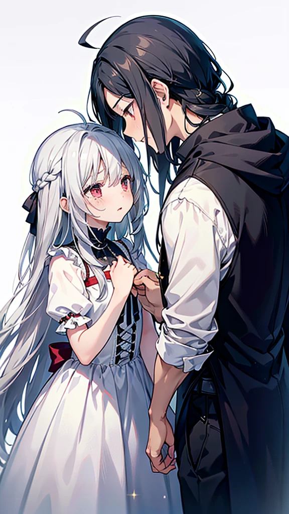 2 people、Young lady and boy with long hair, High resolution, chest, blush, Very long hair, Gray Hair, Ahoge, High resolution, masterpiece, Highest quality, Simple Background, Rear view, Red eyes, Remove the hood, Sparkle Effect, Please open your mouth a little, tears, Are crying, I want to cry, Red face, profile、Gothic interior、White Dress、Noble、Lady、Comforting the boy、Patting the head、少年はtearsぐんでいる、The boy has black hair and eyes、The boy is shorter than the lady.