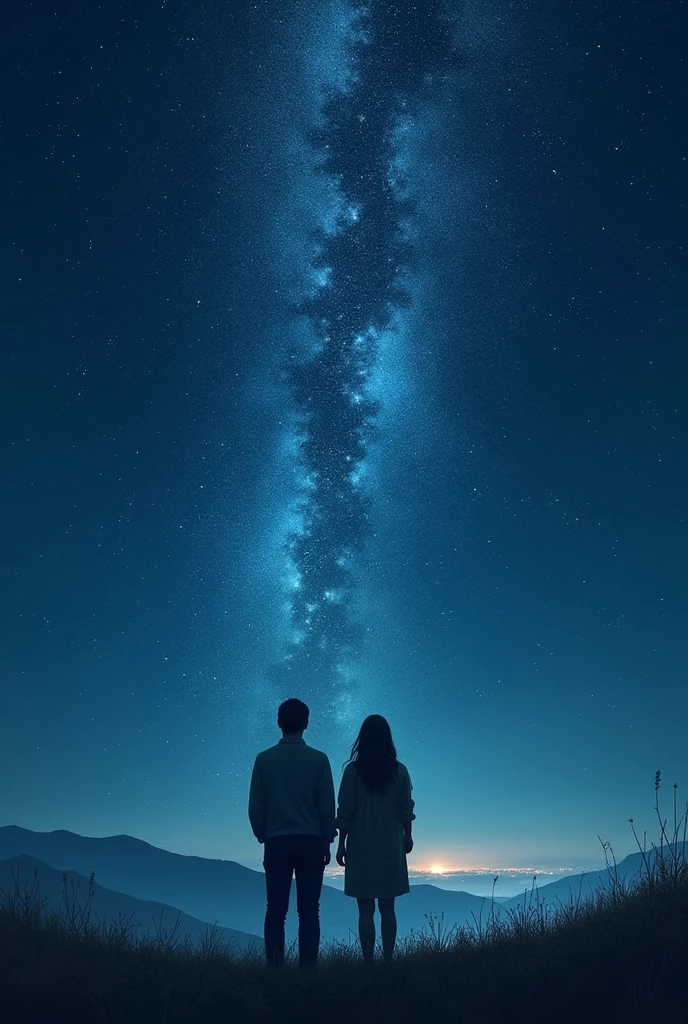 A book cover of shadow of very dark sky full of stars and a far away glimpse of lights on the town and a man and woman looking at the sky facing back.