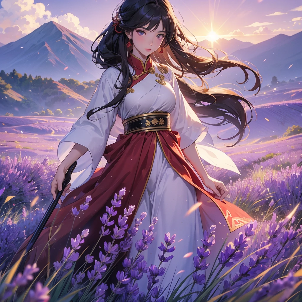 A beautiful female general holding a big spear in red ancient Chinese general costume, walking In the middle of lavender fields , Surrounded by lavender fields, purple, with green mountains in the background, low clouds, the sun is about to set. close up.