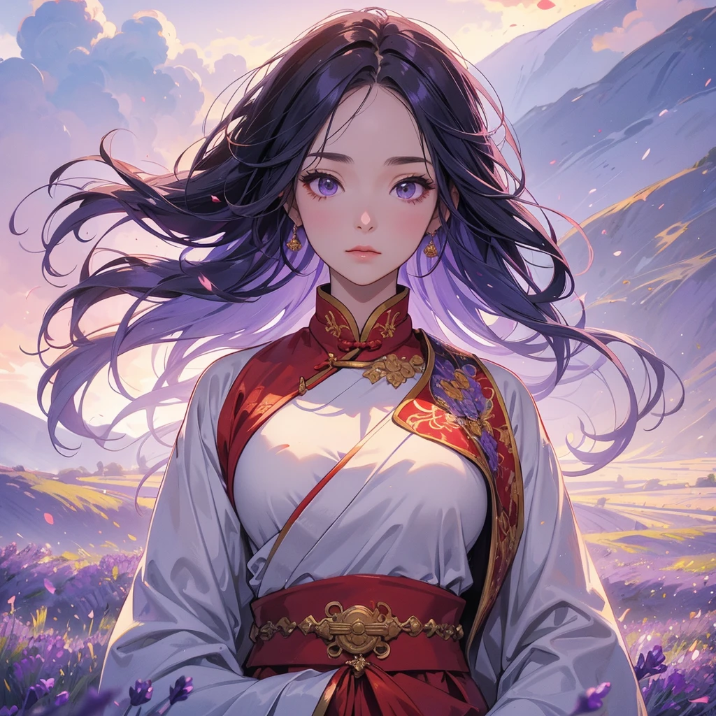 A beautiful female general holding a big spear in red ancient Chinese general costume, walking In the middle of lavender fields , Surrounded by lavender fields, purple, with green mountains in the background, low clouds, the sun is about to set. close up.