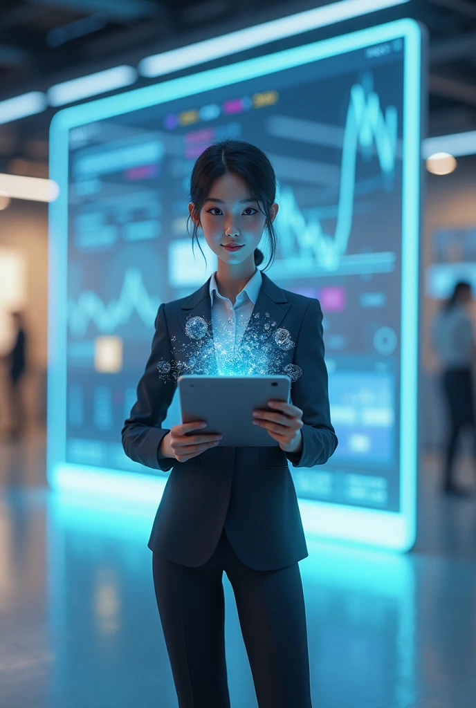 Create an avator standing in front of big screen and have ipad in his hand