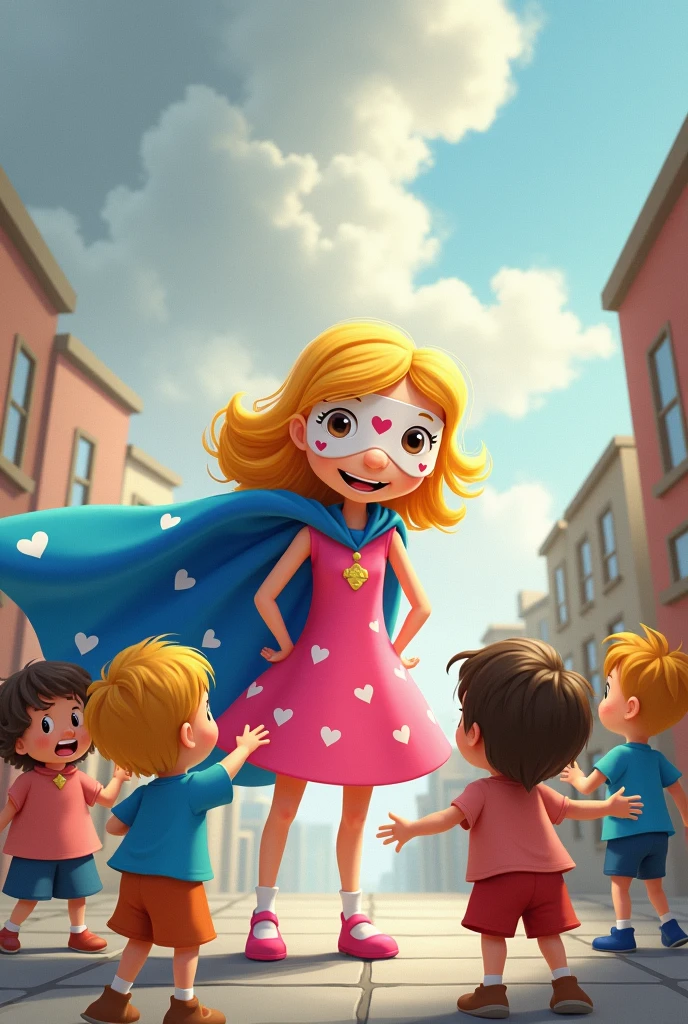 Create an image from a children's story where a blonde-haired girl can be seen in an urban field of gray clouds, pink dress, putting on his blue cape with white hearts and his white mask with pink hearts and talking to some children who are fighting