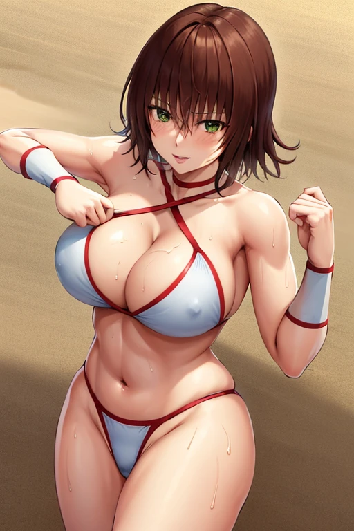 masterpiece, best quality, beautiful art, high resolution, well formed hands, body and fingers, 1 woman, solo, Ryouko Mikado, 31 years old, full body picture, grown up, adult, large and big breasted, cleavage, hair ornament, wearing a Tyris Flare outfit , white_bikini, full body, sexy and skimpy bikini, gorgeous hips, legs and thighs bouncing breasts, red boots,fighting in a combat match, showing her fighting skills, making her guard, about to hit the viewer, looking at the viewer, close up on her bouncing breasts, sweating, bouncing breasts, smiling joyfully and brightly, seductive face, being confident and proud, action and fighting scene, martial arts tournament on the beach fighting in a combat match, showing her fighting skills, making her guard, about to hit the viewer, looking at the viewer, cowboy shot on her bouncing breasts, sweating, bouncing breasts, smiling joyfully and brightly, seductive face, being confident and proud, action and fighting scene, martial arts tournament on the beach