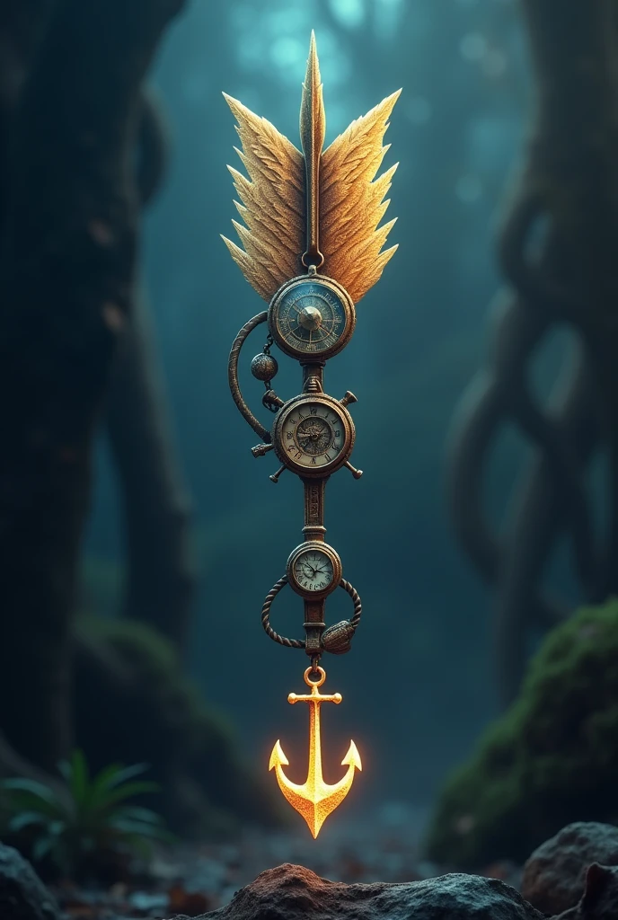 An arrow with a body like this has a compass, a pocket watch and an anchor as a tip with a bright trail