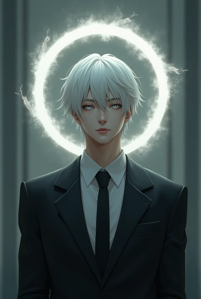 an adult man with white hair and silver eyes, wearing a suit with a halo on his head without wings