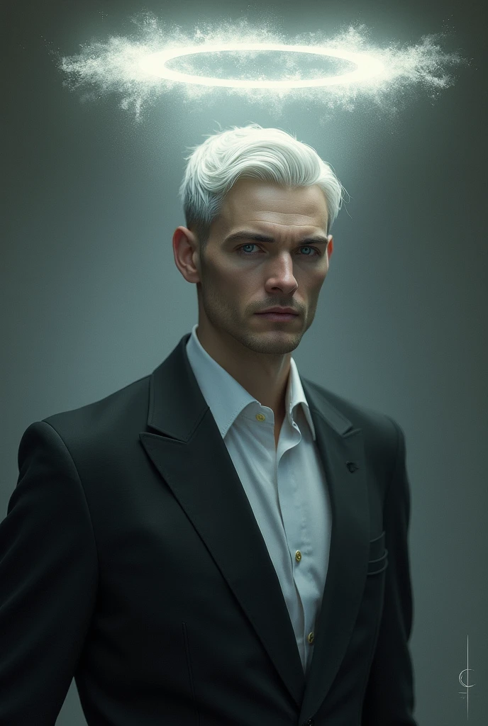 an adult man with white hair and silver eyes, wearing a suit with a halo on his head without wings