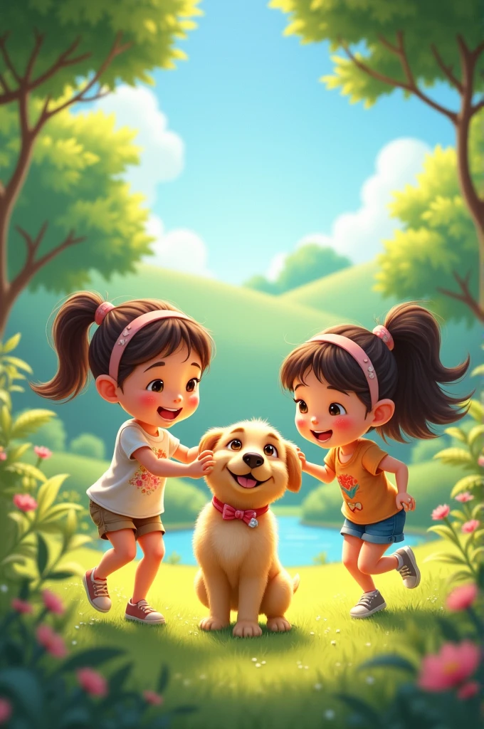 Two girls playing with a dog in a park