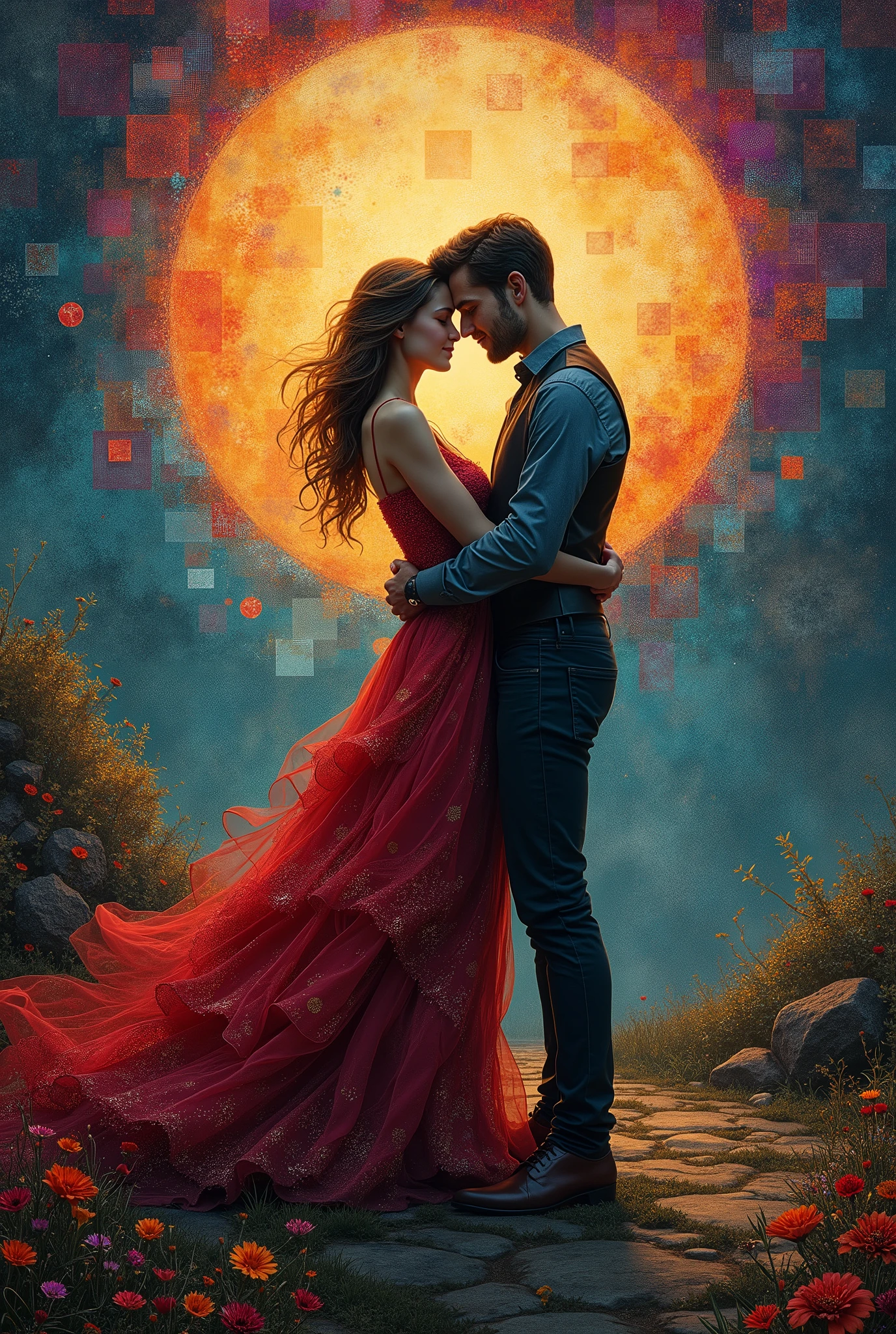 A couple hugging, Scene of Happiness，very beautiful:1.4, Like a dream, Inspired by: stefan koidl , Fantasy elements, Magic realism atmosphere, Patchwork style_Background with complex patterns, Vibrant colors, Dramatic lighting casts surreal shadows, (masterpiece, best quality:1.4)