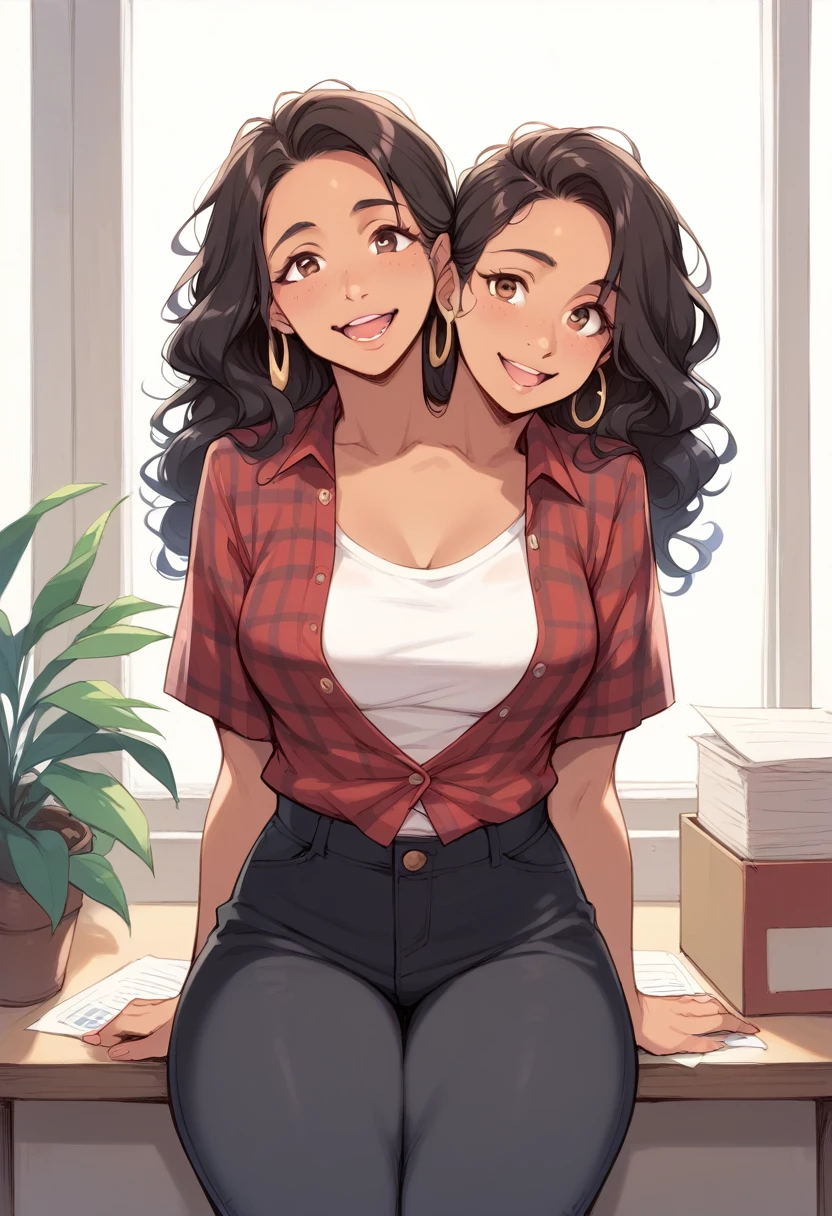 2heads, a thick woman with two heads. She is in a call center office with many cubicles. She is wearing an unbuttoned plaid flannel shirt, t-shirt underneath, and black pants. Native American face. She has messy long curly long dark hair. She has baggy eyes. She has a big thighs. Flirty.