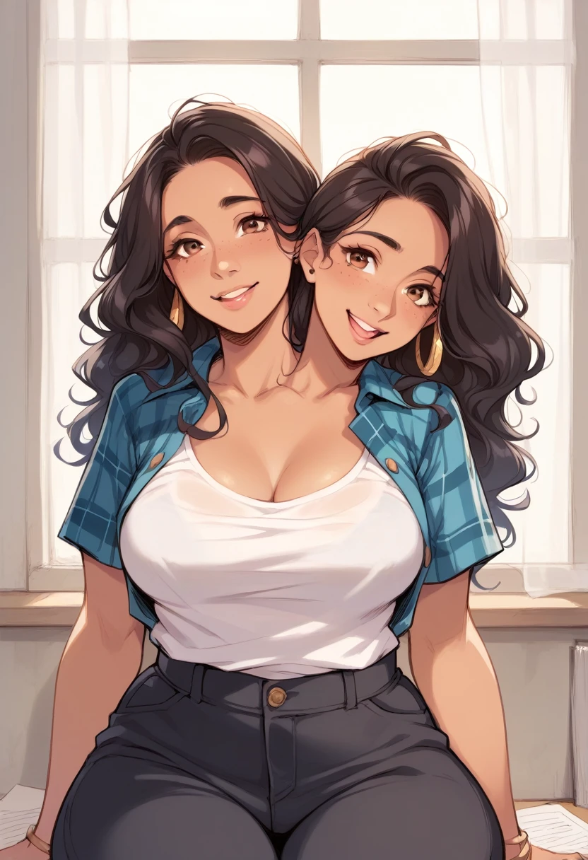 2heads, a thick woman with two heads. She is in a call center office with many cubicles. She is wearing an unbuttoned plaid flannel shirt, t-shirt underneath, and black pants. Native American face. She has messy long curly long dark hair. She has baggy eyes. She has a big thighs. Flirty.