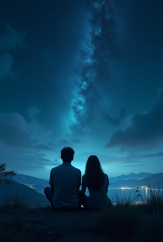 A book cover of  shadow of very dark sky full of stars and a far away glimpse of lights on the town and a man and woman facing back, sitting and looking at the sky. 