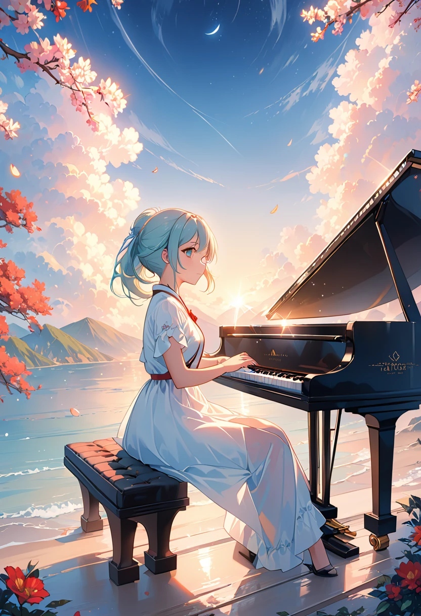(Highest quality:1.2), Beautiful lo-fi minimalist vibe, Cute, there is a woman sitting at a piano in the sky, nightcore, 4k anime wallpaper, anime art wallpaper 8 k, anime art wallpaper 4 k, anime art wallpaper 4k, anime style 4 k, anime wallpaper 4k, anime wallpaper 4 k, ultra hd anime wallpaper, beautiful anime, anime hd wallpaper, hd anime wallaper, anime wallaper, Light bokeh, Soft colors, Sparkling, Dynamic Side Angle, Natural soft lighting, 8k resolution, shape, pastel four colors,