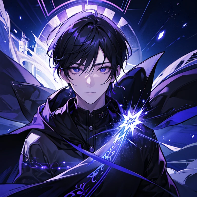 hope、Black purple light、ephemeral、Spectacular views、night、star、beautiful、move、A handsome man in an upper body shot、Black Hair、Narrow eyes、dark、An illustration、hoodie