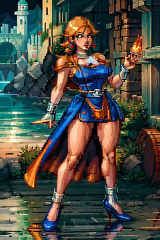 masterpiece, of the highest quality, (((dq blanca))), single sheet, earrings, choker, orange cape, (green dress), belt, socks, heels, looking at the viewer, big breasts, stockings, hig heels, gigantic breasts