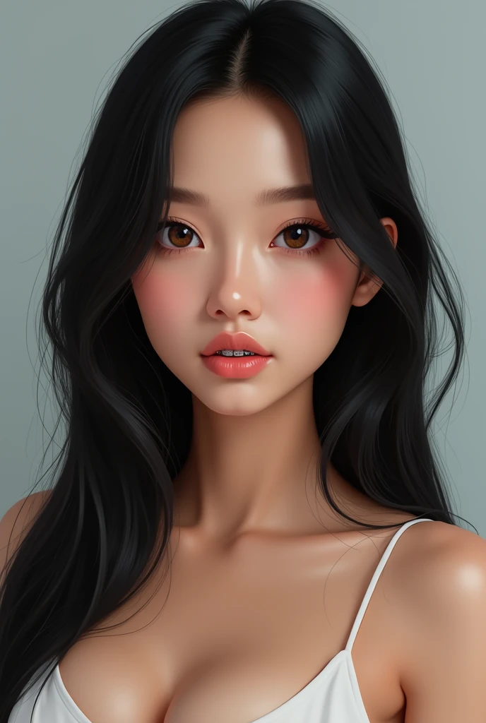 Girl with a slender build,beautiful, with straight black hair, that has braces, white, profiled face, that is Colombian