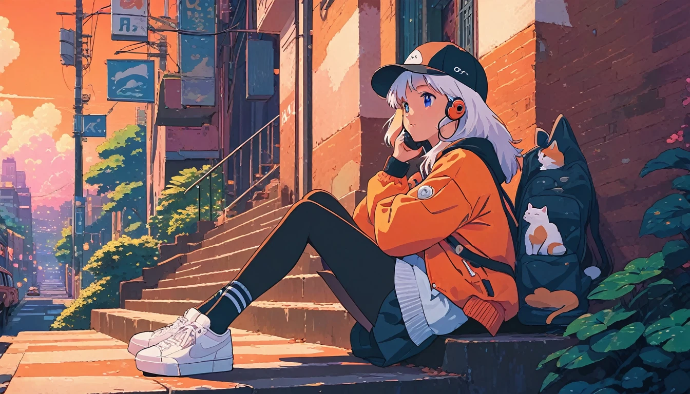 alone, lofi artstyle, lofi art, city, town, 80s anime style, Retro, Lo-Fi, masterpiece, best quality, (extremely detailed CG unity 8k wallpaper), (best quality), (best illustration), (best shadow), absurdres, realistic lighting, (Abyss), beautiful detailed reglow, Headphone, use headphone, 1girl, animal, baseball cap, black socks, cat, hat, jacket, long hair, long sleeves, orange hair, profile, shoes, sitting, sitting on stairs, sneakers, socks, solo, stairs, white footwear, white hair