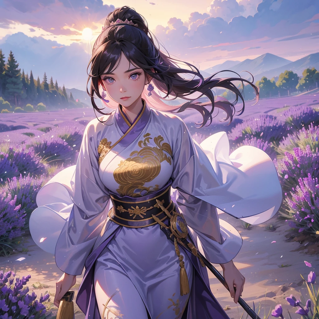 A beautiful female general holding a big spear in ancient Chinese general costume, walking In the middle of lavender fields , Surrounded by lavender fields, purple, with green mountains in the background, low clouds, the sun is about to set. close up.