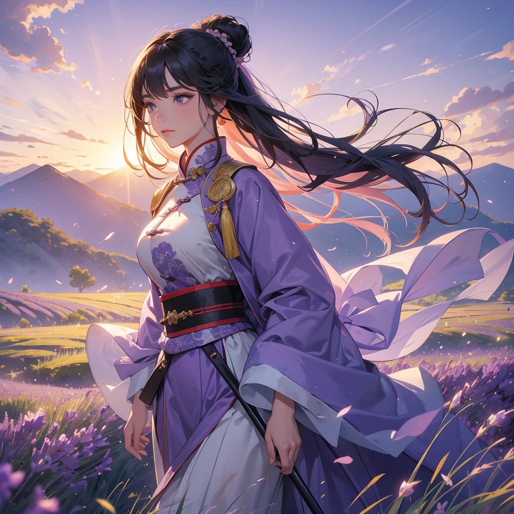 A beautiful female general holding a big spear in ancient Chinese general costume, walking In the middle of lavender fields , Surrounded by lavender fields, purple, with green mountains in the background, low clouds, the sun is about to set. close up.
