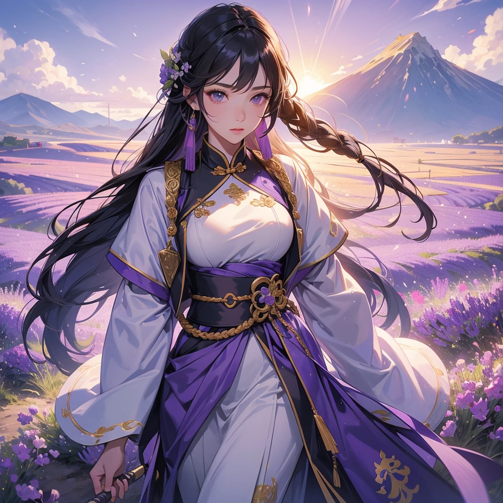 A beautiful female general holding a big spear in ancient Chinese general costume, walking In the middle of lavender fields , Surrounded by lavender fields, purple, with green mountains in the background, low clouds, the sun is about to set. close up.