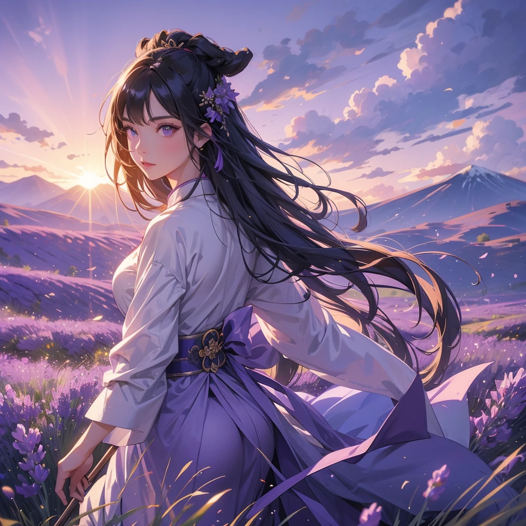 beautiful woman black-haired general holding a large sword in white ancient Chinese general costume, walking In the middle of lavender fields , Surrounded by lavender fields, purple, with green mountains in the background, low clouds, close up.